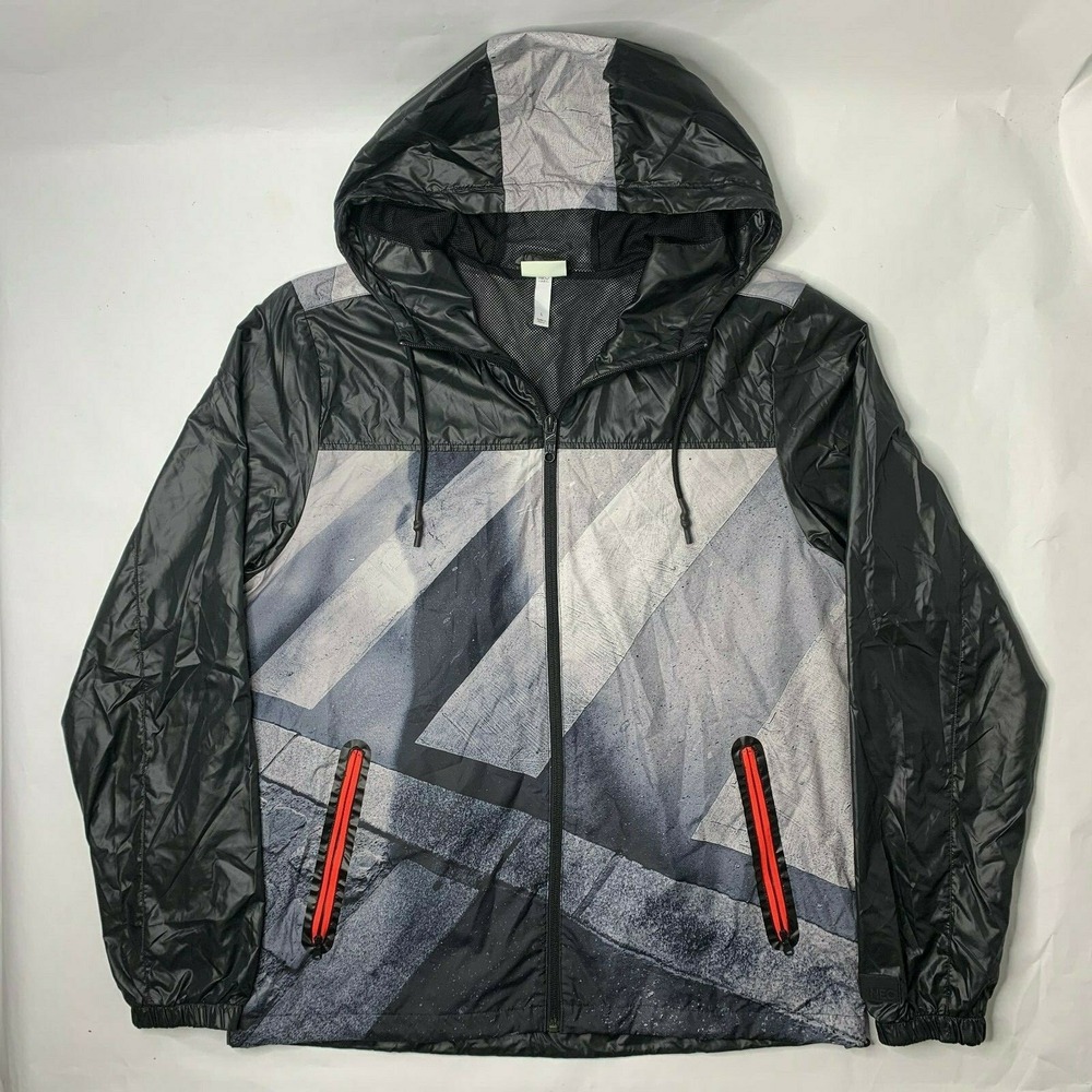 Adidas Neo Men Large Windbreaker Jacket Gray Graphic Hooded Long Sleeve Full Zip